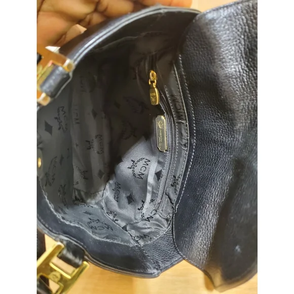 MCM Black Leather Vintage Logo Embellished Small Tote